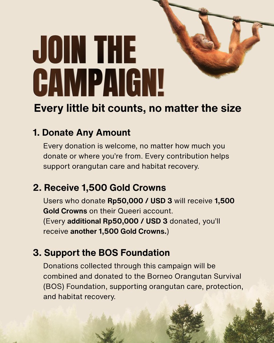 queeri_official's tweet photo. Save Orangutans with Queeri! 🦧💜

Forest fires are threatening orangutan habitats in Kalimantan. Thick smoke and scorching flames are destroying their homes and putting their lives at risk.

Let’s donate and help protect them together with Queeri!

🔗 Donate now: https://t.co/xx9IMyVRcM

A little from us can mean so much to them
-
Selamatkan Orangutan bersama Queeri! 🦧💜
Kebakaran hutan mengancam habitat orangutan di Kalimantan. Asap pekat dan panasnya api melahap rumah serta kehidupan mereka.

Yuk, ikut berdonasi dan bantu lindungi mereka bersama Queeri!

🔗 Donasi sekarang:  https://t.co/xx9IMyVRcM

Sedikit dari kita, berarti besar untuk mereka

#SaveOrangutans #PrayForKalimantan #Queeri #Queeri_Charity