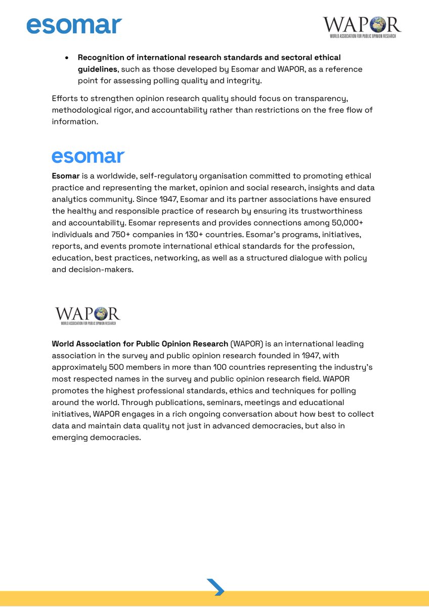 WAPOR's tweet photo. New Joint @ESOMAR–@WAPOR Position Paper: Safeguarding Polling in Bolivia

ESOMAR and WAPOR call for electoral polling rules that protect independent research, reliable information, and international standards.

Read the paper: https://t.co/za2971yOKy https://t.co/8M3XY2JzJF