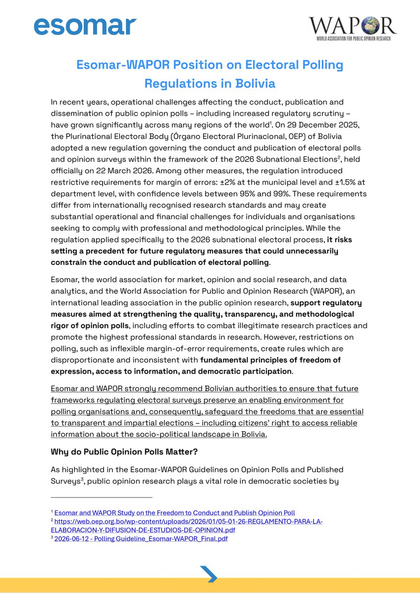 WAPOR's tweet photo. New Joint @ESOMAR–@WAPOR Position Paper: Safeguarding Polling in Bolivia

ESOMAR and WAPOR call for electoral polling rules that protect independent research, reliable information, and international standards.

Read the paper: https://t.co/za2971yOKy https://t.co/8M3XY2JzJF