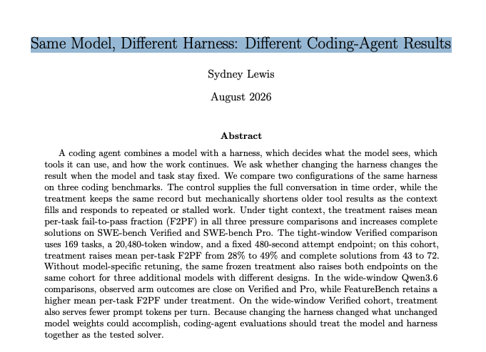 IamAustinVo's tweet photo. Don’t Just Change the Model

This is a worth read paper for vibe coder today.

Coding agents do not fail only because the model is weak. Long context can let old output crowd out the information that matters. An agent may keep calling tools without getting closer to a final patch, while stalled behavior becomes difficult to detect. One paper on arXiv suggests addressing the harness instead.

The study keeps the model fixed but changes the harness: shorten old tool outputs, detect stalled behavior and apply command safeguards. Across 169 SWE-bench Verified tasks with a 20,480-token context, complete solutions rose from 43% to 72%; at 262,144 tokens, the two groups were nearly identical. The treatment combines several mechanisms, so the result cannot be attributed to one trick.

How to apply it to your workflow:

- Pick a repeatable task, lock the model and input, and run a baseline.

- When context is nearly full, keep conclusions, errors, relevant files and test status; save the original transcript for audit.

- Mark an agent as stalled when it repeats tools or an approach without producing a patch, passing a test or making new progress.

- For risky commands, require fixed conditions or human confirmation.

- Run the same task with narrow and wide context; record completion, final patch, stalled loops and cost.

Measure the harness under the conditions where the agent actually fails, instead of changing the model first.

You can read deeply in: https://t.co/NughKcUKHu
