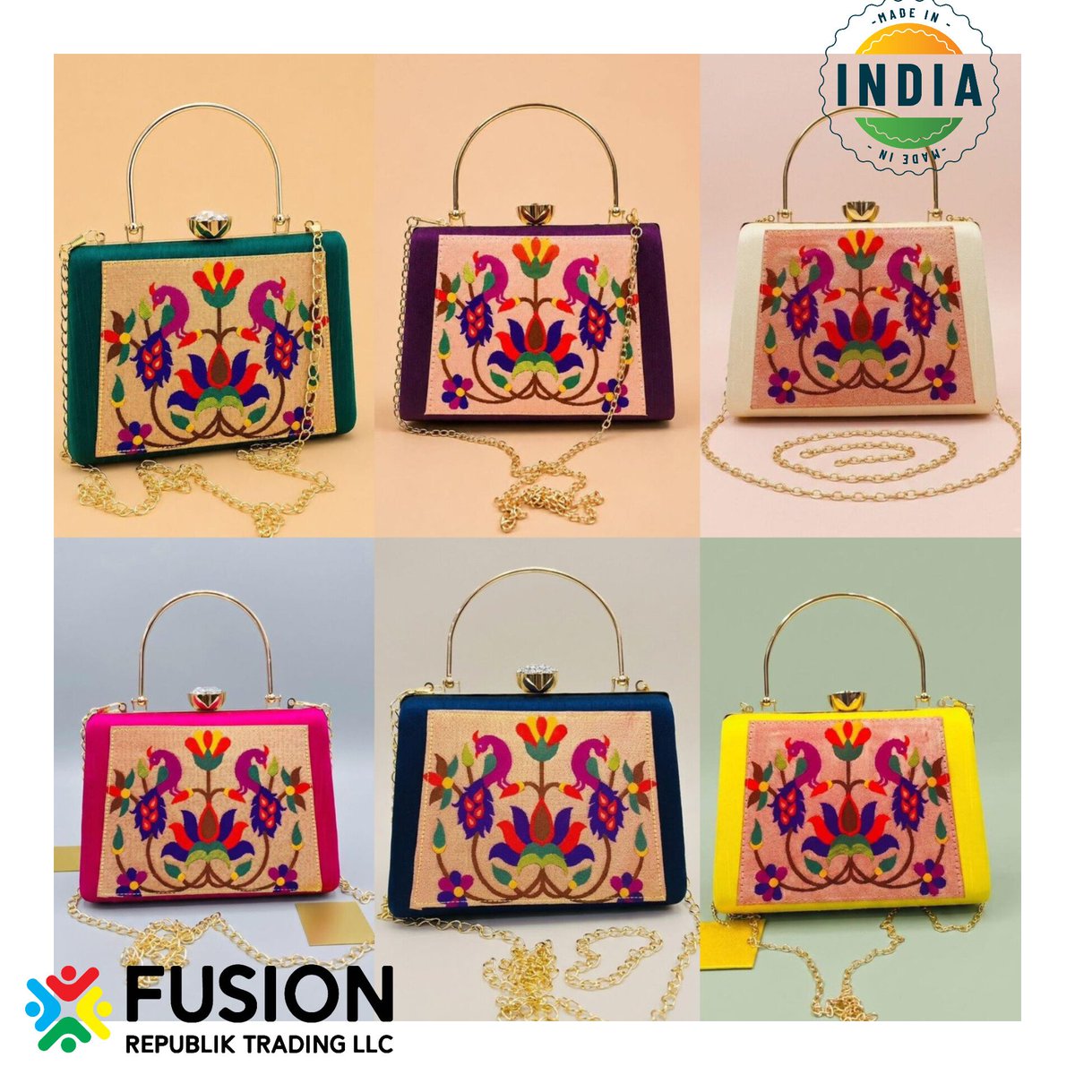 fusionrepublik's tweet photo. Our embroidered box clutches combine traditional craftsmanship with contemporary design. Featuring intricate artwork, a structured frame, elegant handle, secure clasp, and detachable chain, they are perfect for weddings, festivals, parties, boutiques, and special occasions. https://t.co/YurbZfWffE