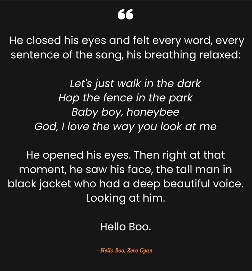 itszerocyan's tweet photo. Somewhere between a song and a stranger, everything changed.😍
Chapter 4 - Honeybee
#aylio #littlepillows #AydenSng #lyusitong #HelloBoo #BL #BoysLove #RomanceNovel #Wattpad https://t.co/NKAXXMZOv8