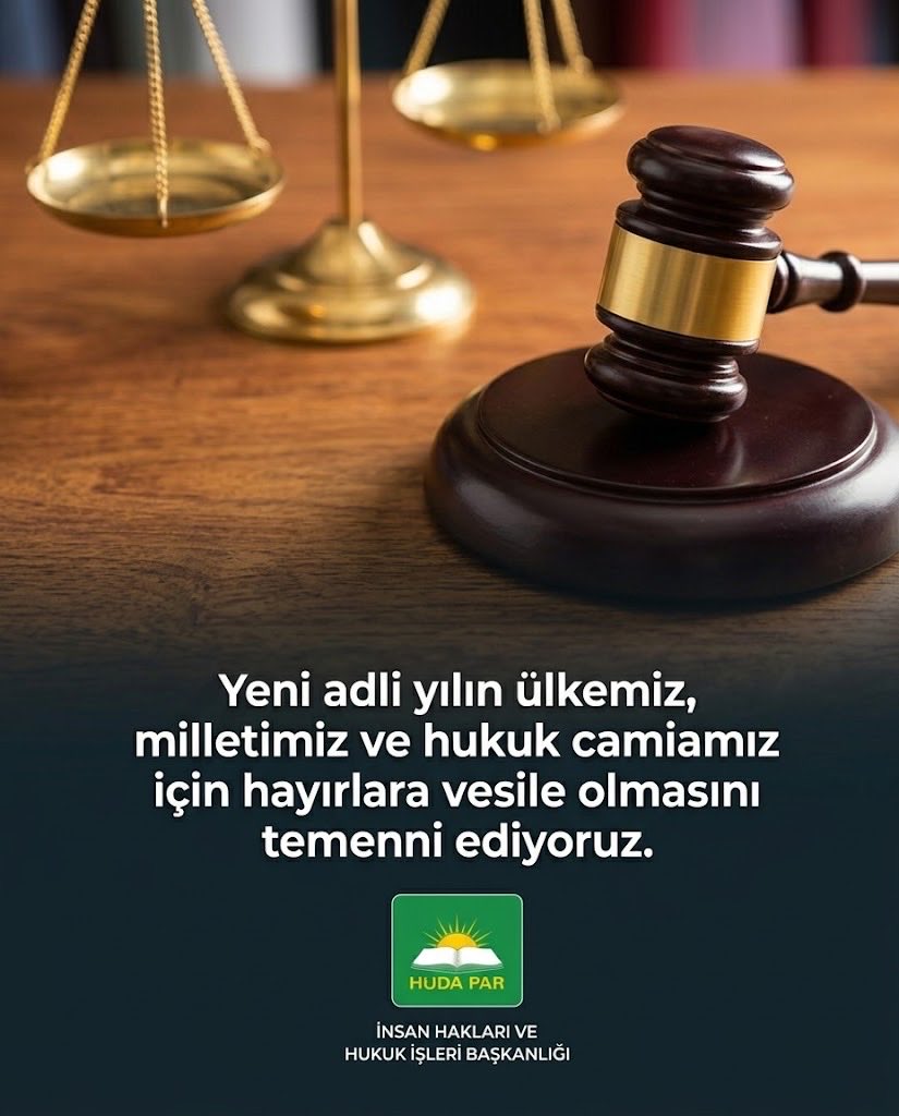 HudaParHukuk's tweet photo. Yeni adli yılın; adaletin güçlendiği, hukuka güvenin pekiştiği ve hakkın her şartta üstün tutulduğu hayırlı bir döneme vesile olmasını temenni ediyoruz.

Adalet, toplumsal huzurun ve güçlü bir devlet düzeninin temelidir. Hukukun üstünlüğü, insan onurunun korunması ve herkesin hakkına güvenle ulaşabilmesi; ortak sorumluluğumuz ve vazgeçilmez hedefimizdir.

Yeni adli yılda; adaletin zamanında ve hakkaniyetle tecelli ettiği, temel hak ve özgürlüklerin daha da güçlendiği, hukuk güvenliğinin her alanda pekiştiği bir anlayışın hâkim olmasını diliyoruz.

Bu vesileyle adaletin tesisi için görev yapan hâkim, savcı, avukat ve tüm adalet teşkilatı mensuplarına çalışmalarında başarılar diliyor; yeni adli yılın ülkemiz, milletimiz ve hukuk camiamız için hayırlara vesile olmasını temenni ediyoruz.