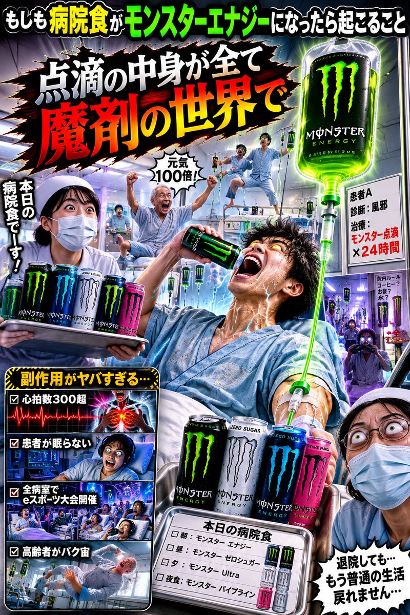 99mTc_gravity's tweet photo. 【もしもシリーズ投稿】
今日はもしも病院食がモンスターエナジーだったら起こることをAI��像にしたよ〜　患者が興奮し、看護師が慌ただしくなる世界です。全国のナースが「やめて」と言いそうな世界です。
#もしもの世界 #AI画像 #モンスターエナジー #ナースの日常 https://t.co/OqZDMKtsDh