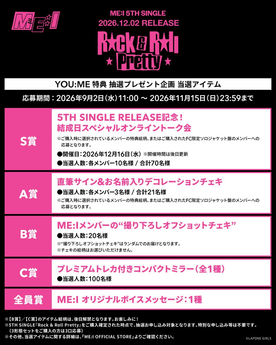 official__ME_I_'s tweet photo. 📣:⊹˚₊

ME:I 5TH SINGLE "𝑹𝒐𝒄𝒌 &amp; 𝑹𝒐𝒍𝒍 𝑷𝒓𝒆𝒕𝒕𝒚"

【ME:I OFFICIAL STORE】
YOU:ME特典 抽選プレゼント企画が決定🎁

▼詳細はこちら
https://t.co/NWIDXZTC0V

#ME_I_Rock_Roll_Pretty
#ME_I #ミーアイ #미아이 https://t.co/QH2OkLXvK9
