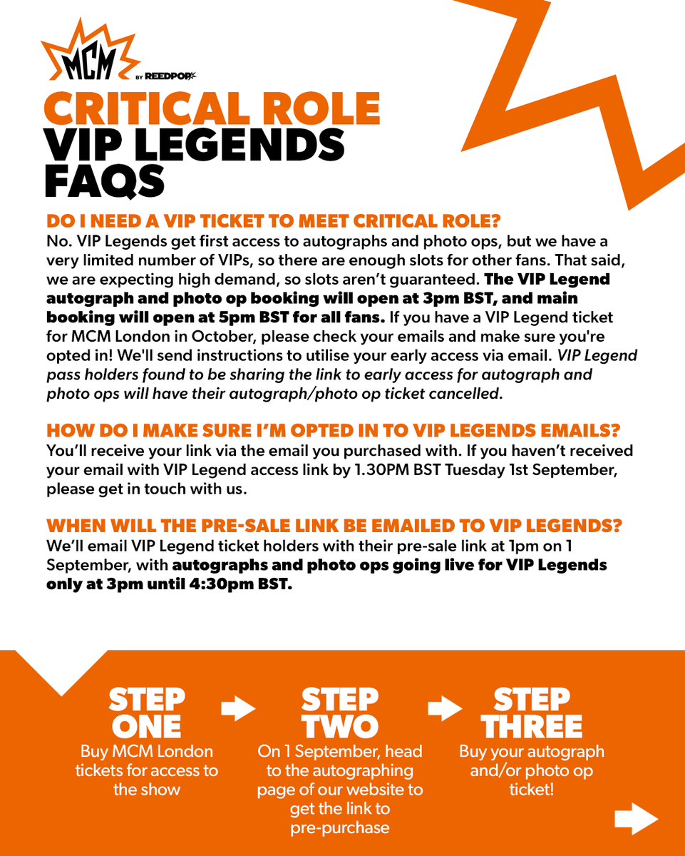 MCMComicCon's tweet photo. Answers to your questions about the Critical Role auto and photo op pre-purchase today ℹ️ 

Head to our instagram stories if you have any further questions and we'll answer them there. Critical Role autograph/photo-op purchase for all MCM fans goes live 1 September at 5pm BST. https://t.co/rLfSysNyJi