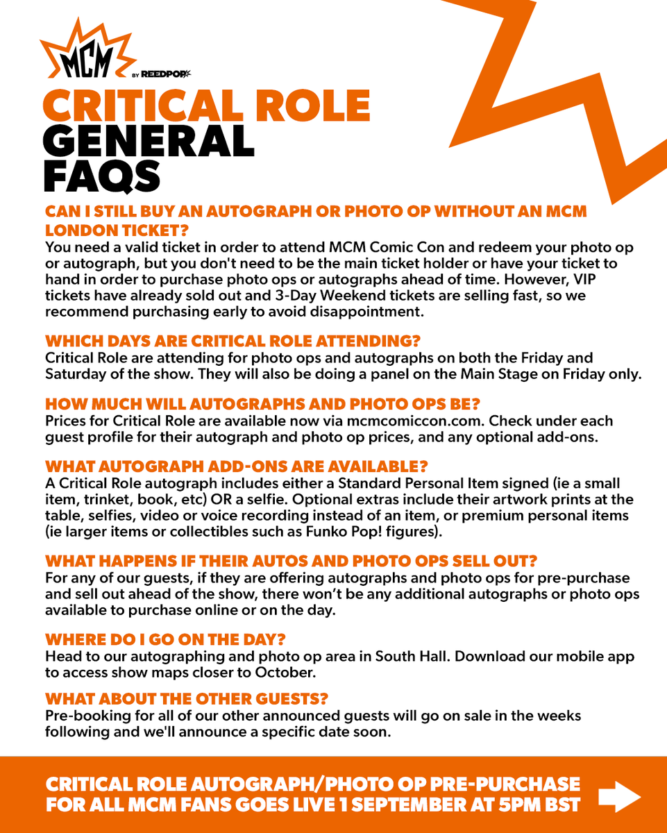 MCMComicCon's tweet photo. Answers to your questions about the Critical Role auto and photo op pre-purchase today ℹ️ 

Head to our instagram stories if you have any further questions and we'll answer them there. Critical Role autograph/photo-op purchase for all MCM fans goes live 1 September at 5pm BST. https://t.co/rLfSysNyJi
