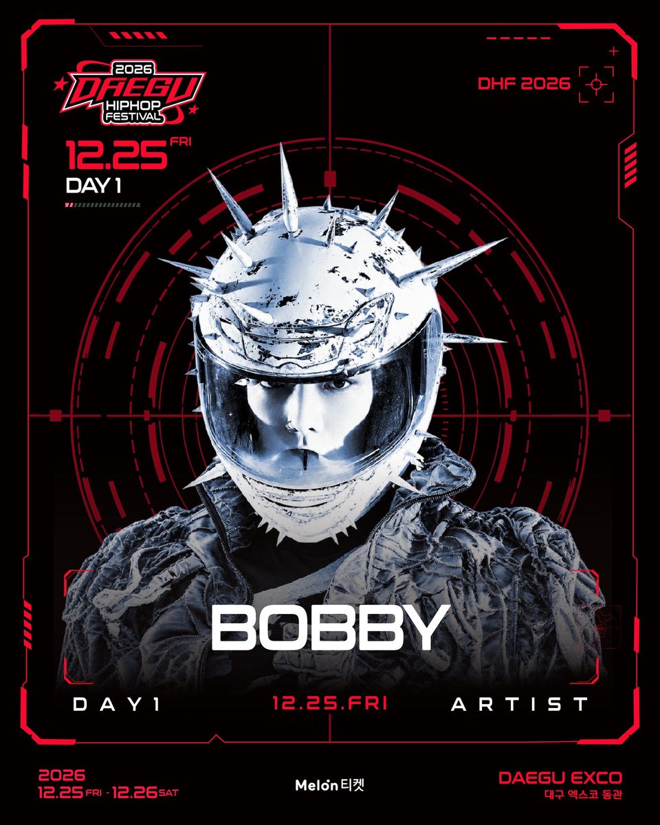 jzzzindaeyo's tweet photo. BOBBY IS CONFIRMED TO JOIN DAEGU FESTIVAL!! 🔥🔥

Bobby will perform on Day 1, 25 Dec 2026 at Daegu Exco! 

Celebrating Christmas with Bobby!! 🔥
#BOBBY #바비 @bobbyranika 
https://t.co/VkJPCaD4m9
260901 daeguhiphop IG https://t.co/tIlfALAoSJ