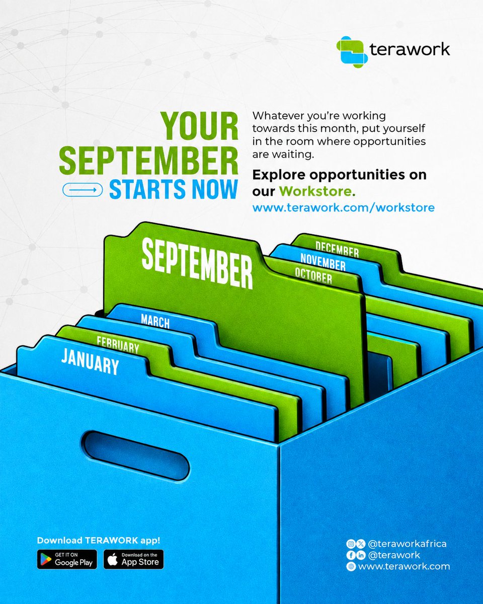 teraworkafrica's tweet photo. We know you have goals for September but you have to put yourself in the right places to achieve them.

Start the month by exploring what’s available on our Workstore: https://t.co/byVIBmbhJF

Your next opportunity might be one application away.
#TERAWORK #SmartHiring #Workstore https://t.co/TAIUCFMdEv