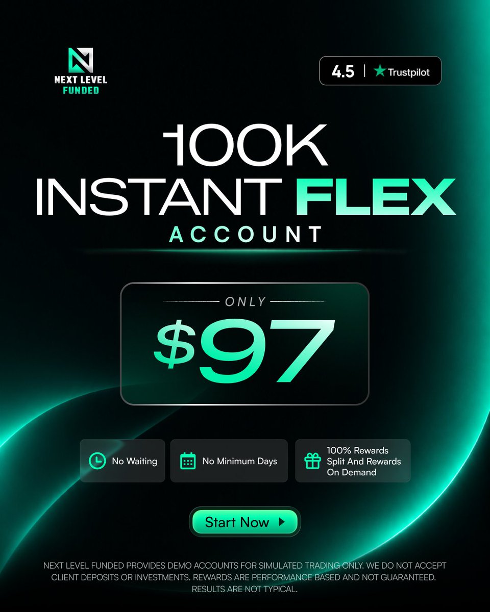 SpencerNLF's tweet photo. Introducing the New Instant Flex 💪

$97 for 100k
$187 for 200k
$277 for 300k
$367 for 400k
$447 for 500k

Default 100% Profit Split
Default On-Demand Payouts
News Trading &amp; Weekend Holding Allowed

Bigger Sizes. Bigger Payouts.

Live now at  https://t.co/WLAJY83uCe https://t.co/FQxaxARLia