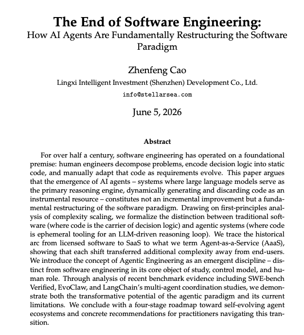 johncrickett's tweet photo. So everyone's excited about this "research", but it's not research.

It's an opinion piece from an investment firm.

And the big conclusion is that software engineers need to become software engineers:

"The most valuable skill is no longer writing code efficiently but articulating tasks with sufficient clarity, context, and constraints..."

That's always been the most valuable skill.