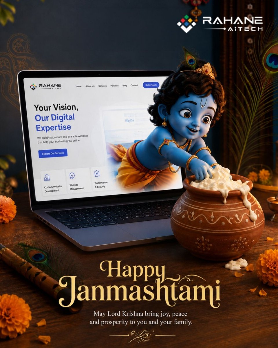 RahaneAiTech's tweet photo. This Janmashtami, may Lord Krishna bring joy, peace and prosperity to you and your loved ones. 🦚✨

And may his wisdom inspire us to think better, create smarter and build with purpose — whether it’s a website, an app, or a digital experience.

#HappyJanmashtami  💙 https://t.co/s0kEZcQ3ia