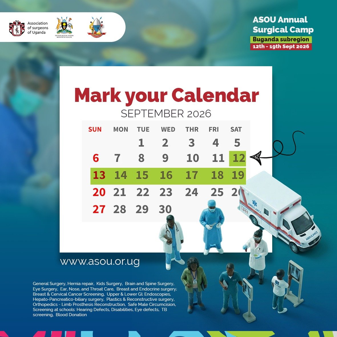 ASOU_Official's tweet photo. Happy New Month, #Surgeons! 
In just 11 days, we change thousands of Ugandan lives forever. 
The countdown is on. Don’t miss this life-changing impact #register today! 
#ASOUSurgicalCamp2026 #ASOUAnnualSurgicalCamp2026 #BugandaSubregion #Partner #Sponsor https://t.co/HjuL36hp00