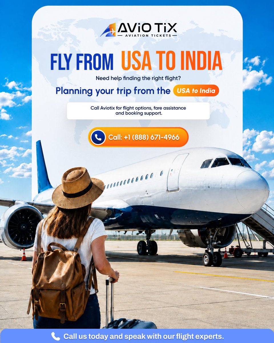 aviotix's tweet photo. Planning your next trip to India? Get help comparing flight options, fares, and booking choices based on your travel plans. Aviotix makes your USA–India journey easier with personalized flight assistance.

📞 Call +1 (888) 671-4966

#USAToIndia #Aviotix #IndiaFlights #FlightDeals https://t.co/cY5awvIT92