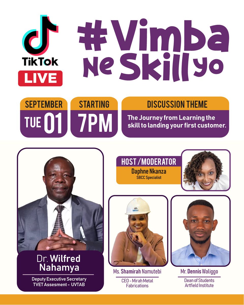 VimbaNeSkill_Yo's tweet photo. Tonight at 7PM, join us live on the Vimba Ne Skill Yo TikTok page for a powerful session with experts in the skills field.
Have a skill or you’re looking to learn one, this session is for you. 
Don’t miss it! 
#VimbaNeSkillYo #SkilledConfidentReady https://t.co/Jf4VJrUDfp