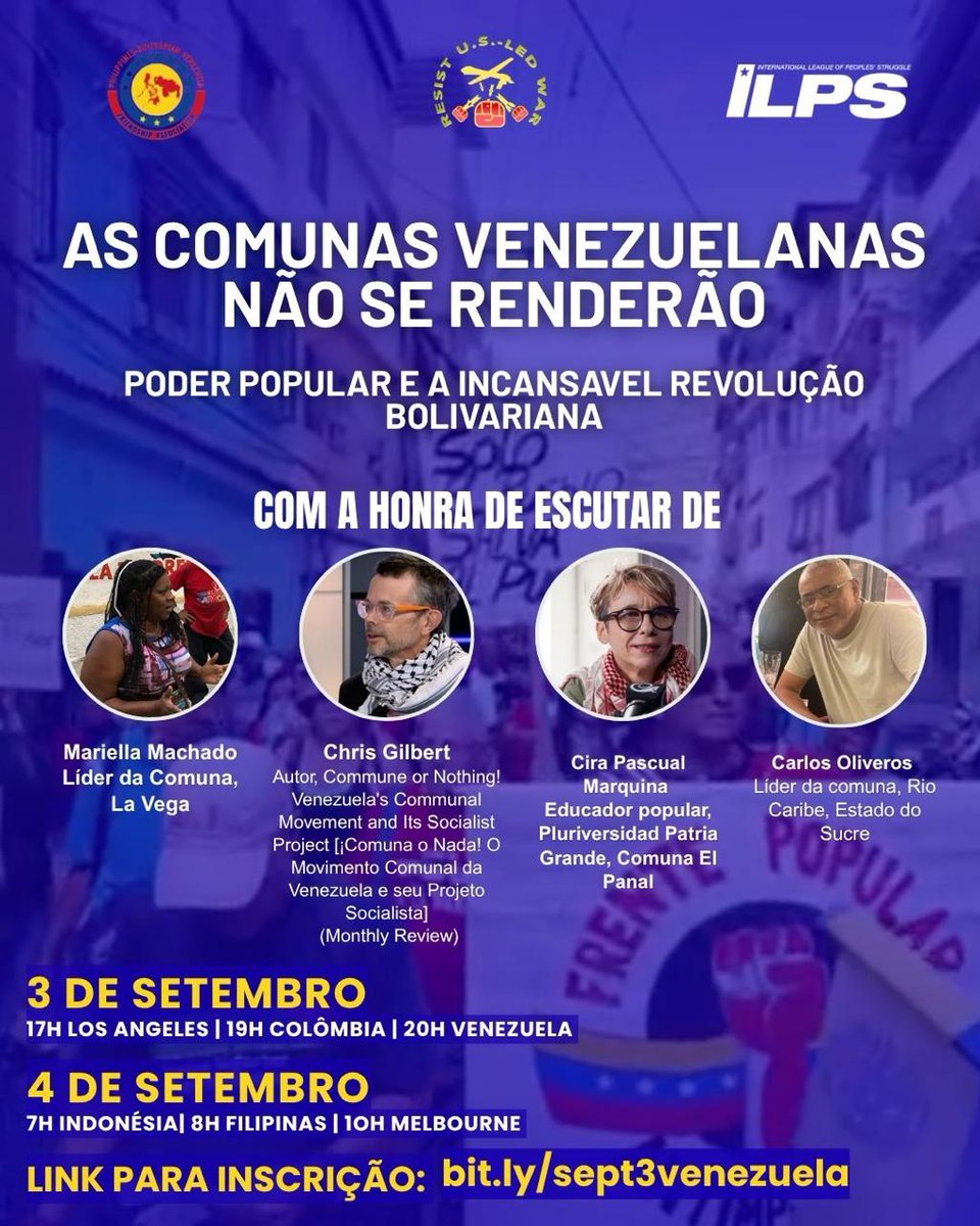 OrinocoTribune's tweet photo. This Wednesday!

Hear the voices of Venezuelan communal organizers to re-center popular power, and build concrete internationalist solidarity with the Venezuelan people in their struggle against imperialist oppression. 

Featured speakers include:
✦ Mariella Machado, Commune Leader, La Vega
✦ Cira Pascual Marquina, Popular Educator, Pluriversidad Patria Grande, El Panal Commune
✦ Chris Gilbert, Author, Commune or Nothing! Venezuela's Communal Movement and Its Socialist Project
✦ Carlos Oliveros, Commune Leader, Rio Caribe, Sucre State
✦ Sarah Raymundo (moderator), Professor at the Center for International Studies, University of the Philippines and International Liaison Officer of Bagong Alyansang Makabayan

Solidarity statements from Africa, Asia, Latin America, Europe and the US will follow these speakers.

Date: Thursday, September 3, 8pm, time zone of Venezuela 

Register: https://t.co/MbR0vDPfen

Interpretation: English/Spanish/Portuguese