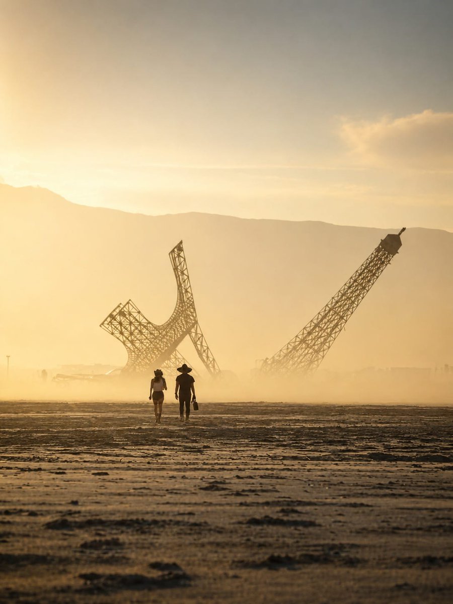 creapills's tweet photo. Un Français a installé une tour Eiffel de 26 tonnes, brisée en deux, en plein désert de Burning Man 🔥

L'œuvre s'appelle Eiffela Broken Dream, signée Philippe Maindron, chef d'entreprise vendéen et créateur du festival de Poupet. Son projet a été retenu parmi 500 propositions pour l'édition 2026 du rassemblement américain.

Entre les deux morceaux du monument effondré, un funambule traverse le vide. Une façon de transformer la ruine en promesse de reconstruction plutôt qu'en simple constat d'échec. Structure assemblée en Vendée, 50 jours de mer et 600 kilomètres de désert plus tard, pour un chantier à 300 000 euros financé par son auteur.
