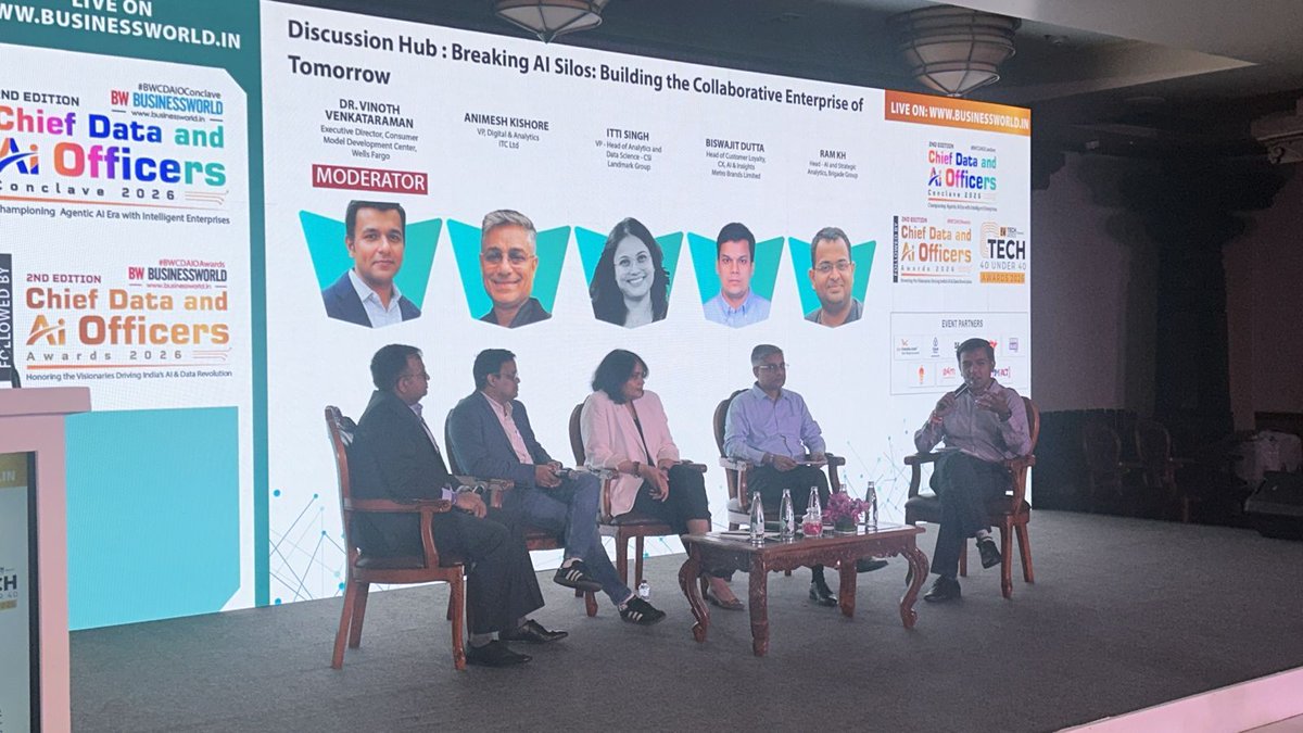 BWBusinessworld's tweet photo. Live: Join India’s leading Chief Data Officers, AI leaders, and technology innovators as they explore the future of responsible AI, trusted intelligence, data governance, and agentic AI at the 2nd Edition of the #BWCDAIOConclave 2026.

Followed by the 2nd Edition of the #BWCDAIOAwards & #BWTech40U40 Awards 2026 Ceremony, honouring the visionaries driving India’s AI & Data revolution!

Watch Live: https://t.co/YjJAGDvfJJ

Discussion Hub: Breaking AI Silos: Building the Collaborative Enterprise of Tomorrow

Moderator: Dr. Vinoth Venkataraman, Executive Director, Consumer Model Development Center, @WellsFargo 

Speakers:
- Animesh Kishore, VP, Digital & Analytics, @ITCCorpCom 
- Itti Singh, VP - Head of Analytics and Data Science - CSi, Landmark Group
- BISWAJIT DUTTA CLMP, AI-First Customer Transformation Leader, Head of Customer Loyalty, CX, AI & Insights, Metro Brands Limited
- Ram KH, Head - AI and Strategic Analytics, @BrigadeGroup 

Event Partners:
Joy Travels Pvt Ltd
Opal Events
Beanly Coffee
Realty+
IWMBuzz
The ThickShake Factory
exchange4media
Pitch
IMPACT Weekly Magazine

@anuragbatrayo | Tanvie Ahuja | Sharon Verma | Biren Singho
#BWCDAIO #DataAndAI #AILeadership #DataLeadership #ResponsibleAI #FutureOfAI