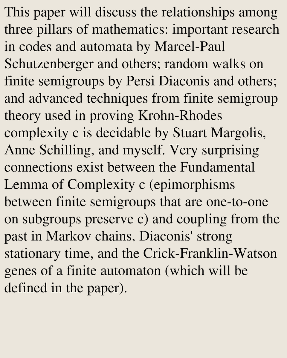 FormalLanguages's tweet photo. Defining the Crick-Franklin-Watson genes of any robot (equals a finite state machine) and defining the Shannon genetic code attached to each gene. We also define the Krohn-Rhodes complexity of any regular maximal prefix code
https://t.co/tjtgYeQaiq [𝚌𝚜.𝙵𝙻 𝚖𝚊𝚝𝚑.𝙿𝚁] https://t.co/5lbCx19dAV