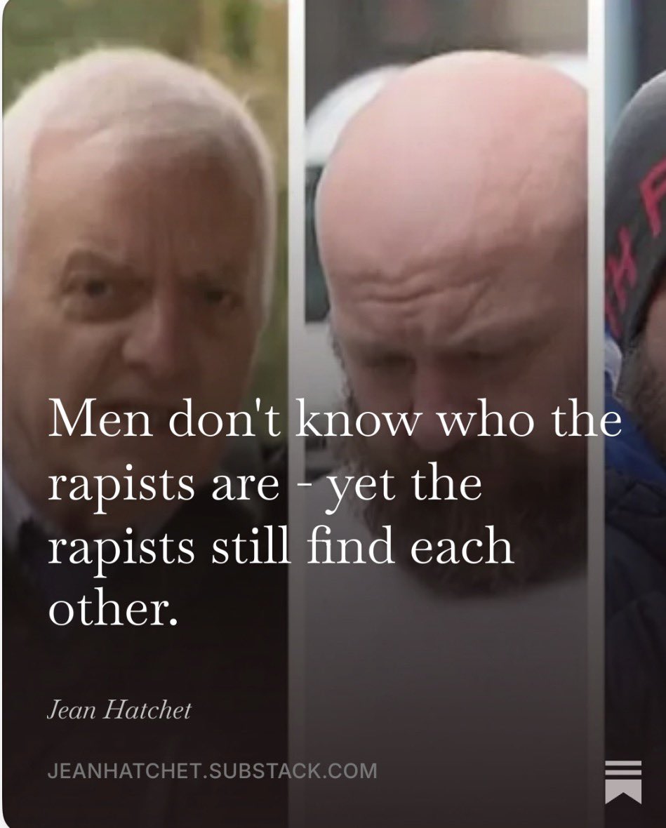 JeanHatchet's tweet photo. The trial of 14 men begins in Manchester today. It has distinct echoes of the Gisele Pelicot case. These men are accused of taking part in the drugging, raping and other varied sexual offences against one of the men’s wife.

The noise online will include a great number of men defending these men and attacking women with “innocent until proven guilty” or “witch hunt!” as we express outrage at the details we will be hearing. 

And a few men will find it impossible not to blurt out “not me tho! It’s not all men!” 

The poor woman herself will be put through the hell of this trial, including trial by media, when she’s already been through hell. My thoughts and strength are with her and all who love her. 

I wrote about it here. Link below.