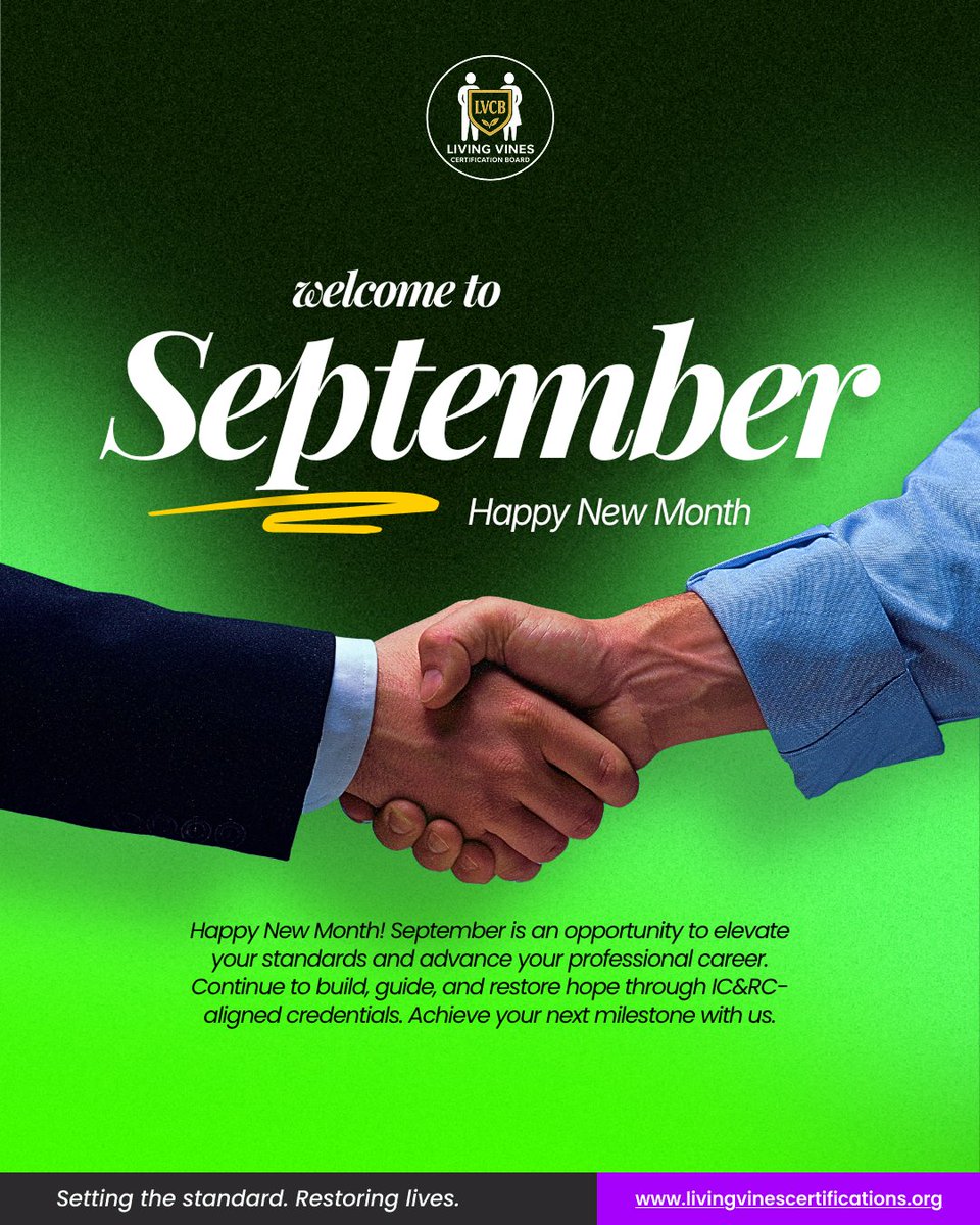 LVCBOfficial's tweet photo. #HappyNewMonth September brings new opportunities to elevate your professional standards and advance your career. Let’s continue setting the benchmark in addiction care and mental health support with IC&amp;RC-aligned credentialing. 
 #ProfessionalExcellence #AddictionCare #ICRC https://t.co/D3TWfMdU4Y