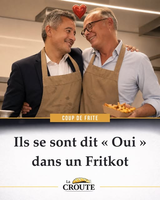 luckasdelille59's tweet photo. C’est désormais officiel : après plusieurs années à se tourner autour de l’Élysée en roucoulant, Gérald Darmanin et Édouard Philippe ont célébré leur union dans l’intimité graisseuse d’un fritkot de Tourcoing.
« Je promets de te rester fidèle jusqu’à ce qu’un sondage nous sépare », aurait murmuré Gérald en passant délicatement une rondelle d’oignon frite encore chaude autour du doigt d’Édouard.
Très ému, l’ancien Premier ministre lui aurait répondu : « Je te prends pour époux, malgré tes casseroles salaces, ton bilan lamentable et cette étrange odeur de graillon républicain qui te colle au slip. »
La cérémonie s’est déroulée sous le regard attendri d’une friteuse professionnelle et de trois militants Renaissance venus vérifier lequel des deux avait statistiquement le plus de chances de trahir l’autre avant 2027. Sans oublier 329 journalistes pour assurer le côté exclusif de l’événement.
Pour symboliser leur amour, les jeunes mariés ont plongé ensemble une pomme de terre dans l’huile bouillante. Une tradition macroniste qui consiste à faire frire les classes populaires, puis à leur expliquer qu’elles doivent traverser la rue pour trouver de la mayonnaise.
Quant à Emmanuel Macron, il aurait félicité les mariés avant de leur rappeler qu’à l’Élysée, le menu enfant était déjà réservé.
