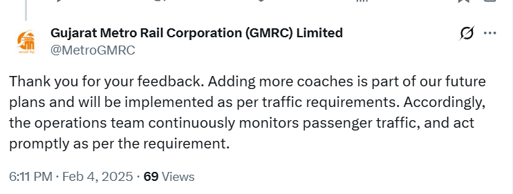 PMvasavada's tweet photo. 18 months. Same reply. Still waiting.

#AhmedabadMetro ridership is growing rapidly, but frequency hasn’t kept pace with commuters’ needs.

For the last 18 months, commuters have been hearing the same response on increasing train frequency.

How long should passengers wait?

More passengers need more trains, not more excuses.

🚇 Increase Metro frequency.
⏱️ Reduce waiting time.
👥 Respect commuters’ time.

Amdavad deserves a Metro that moves at the speed of its growing city.

#આપણી_મેટ્રો #Ahmedabad #PublicTransport