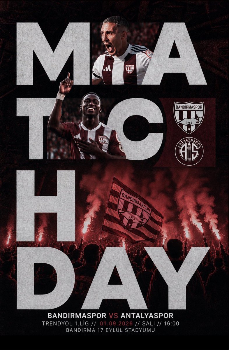 Panormos10_5's tweet photo. MAÇ GÜNÜ!

🏆 Trendyol 1. Lig 2026-2027
🆚 Antalyaspor
📆 01.09.2026
⏰ 16.00
🏟️ Bandırma 17 Eylül Stadyumu
📲 #BANvANT https://t.co/WF5rDt3jqZ