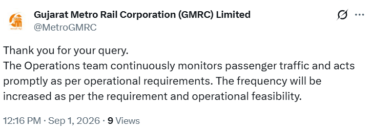 PMvasavada's tweet photo. 18 months. Same reply. Still waiting.

#AhmedabadMetro ridership is growing rapidly, but frequency hasn’t kept pace with commuters’ needs.

For the last 18 months, commuters have been hearing the same response on increasing train frequency.

How long should passengers wait?

More passengers need more trains, not more excuses.

🚇 Increase Metro frequency.
⏱️ Reduce waiting time.
👥 Respect commuters’ time.

Amdavad deserves a Metro that moves at the speed of its growing city.

#આપણી_મેટ્રો #Ahmedabad #PublicTransport