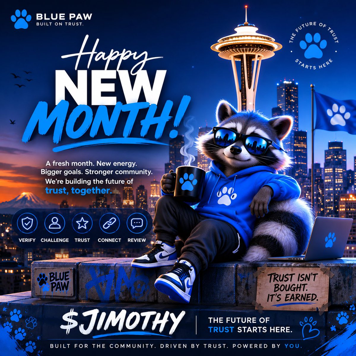 jimothyonsolano's tweet photo. 💙🐾 HAPPY NEW MONTH, BLUE PAW FAMILY! 🦝🌃

A fresh month. New energy. Bigger goals. Stronger community.

We’re stepping into this month with one thing in mind: keep building.

🔵 VERIFY
🔵 CHALLENGE
🔵 TRUST
🔵 CONNECT
🔵 REVIEW

The vision is bigger than a meme. We’re building an identity, a community, and a future around something that matters. Trust!

Trust isn’t bought. It’s earned. 💙🐾

Here’s to a month of showing up, creating, contributing and moving forward together.

🦝 $JIMOTHY — The Seattle Cryptid
💙 Blue Paw — The Future of Trust Starts Here.

Happy New Month! 🔥🐾

#JIMOTHY #BluePaw #Solana #Web3 #CryptoCommunity #NewMonth