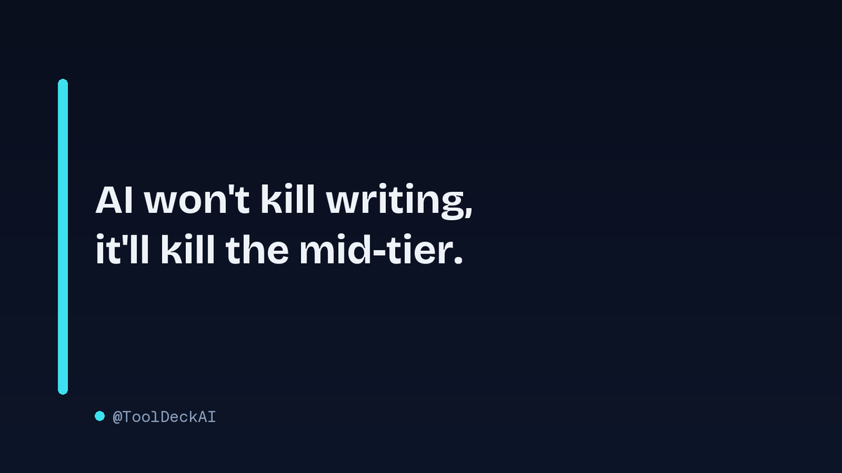 ToolDeckAI's tweet photo. The piece argues writing is safe because LLMs sound robotic. But the real threat is economic: AI flattens the market for mid-tier writing, and most writers never reach the top. Survival is about outwriting the next writer who's cheaper, not about outwriting AI.
#AI #ToolDeckAI https://t.co/jfskeGIYle