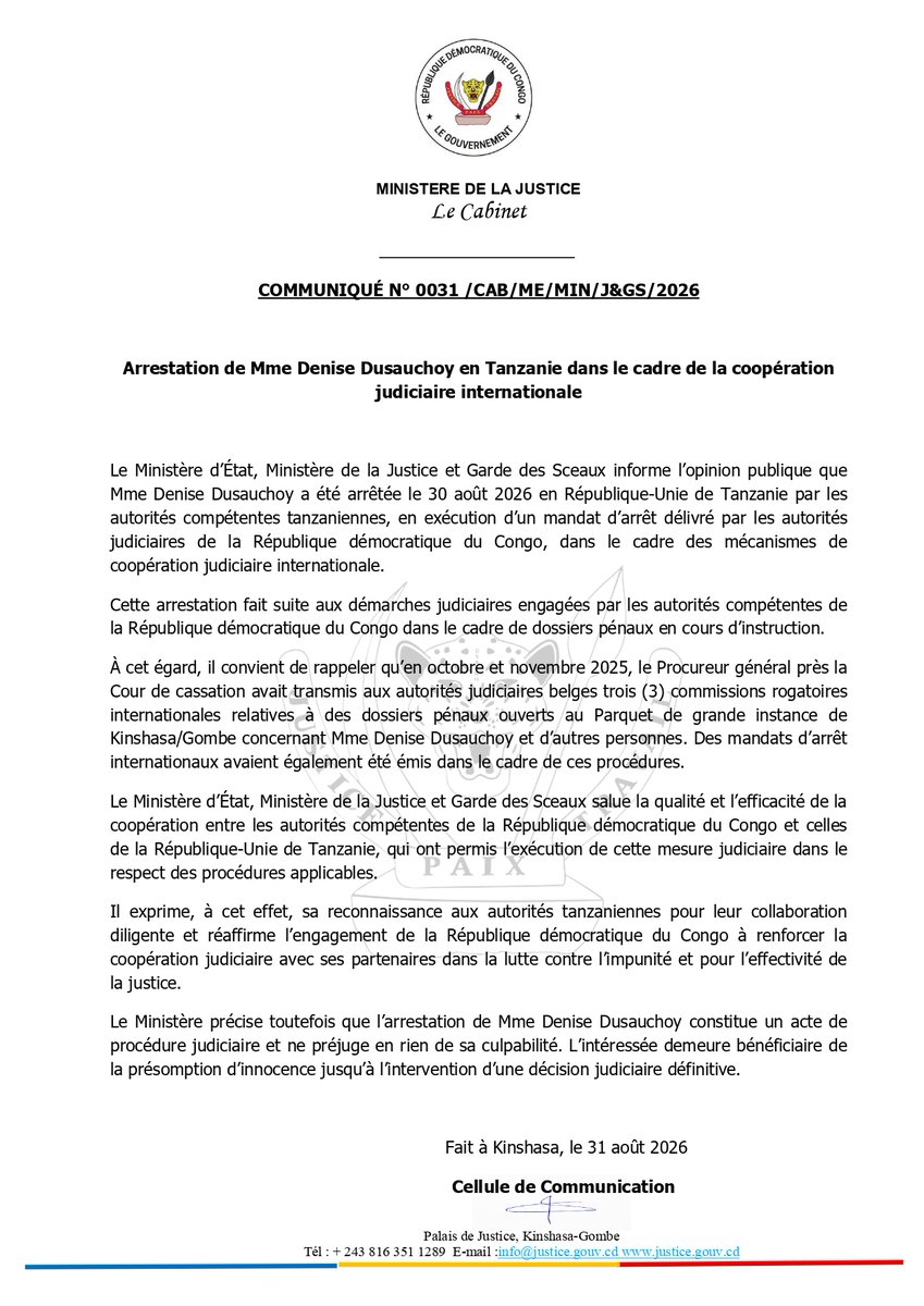 PhilippeL77's tweet photo. #RDC : Affaire #dusauchoy. Tentant de "sauver la face", le Gouvernement publie un communiqué. Il est important de signaler une chose : l'exécution d'un mandat d'arrêt international se fait par les services habilités. A savoir les services de sécurité et de police du pays "hôte".. https://t.co/soFcbGLviJ