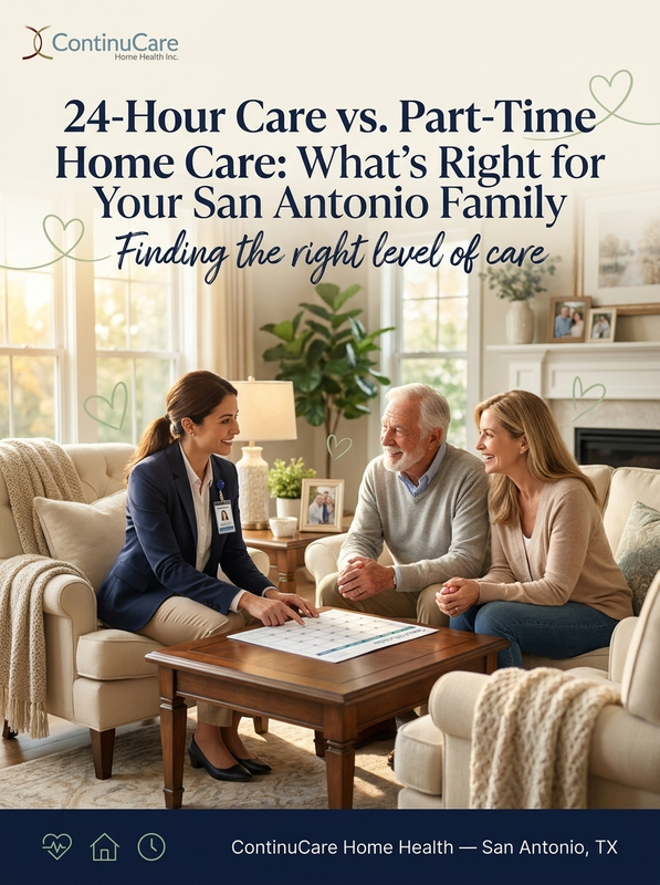 ContinuCareSA's tweet photo. Deciding between round-the-clock care and part-time visits is one of the hardest calls a San Antonio family makes. The right answer depends on safety needs, health changes, and daily routines. Talk to ContinuCare about which level of care fits your situation. #HomeCare #AgingInPl https://t.co/9BSwgTxTfn