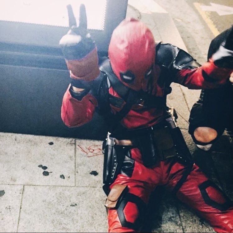 slytherloey's tweet photo. tl talking about Ironman but This Chanyeol in Deadpool costume will always have me in a CHOCKhold https://t.co/OGpPxJ3pFQ