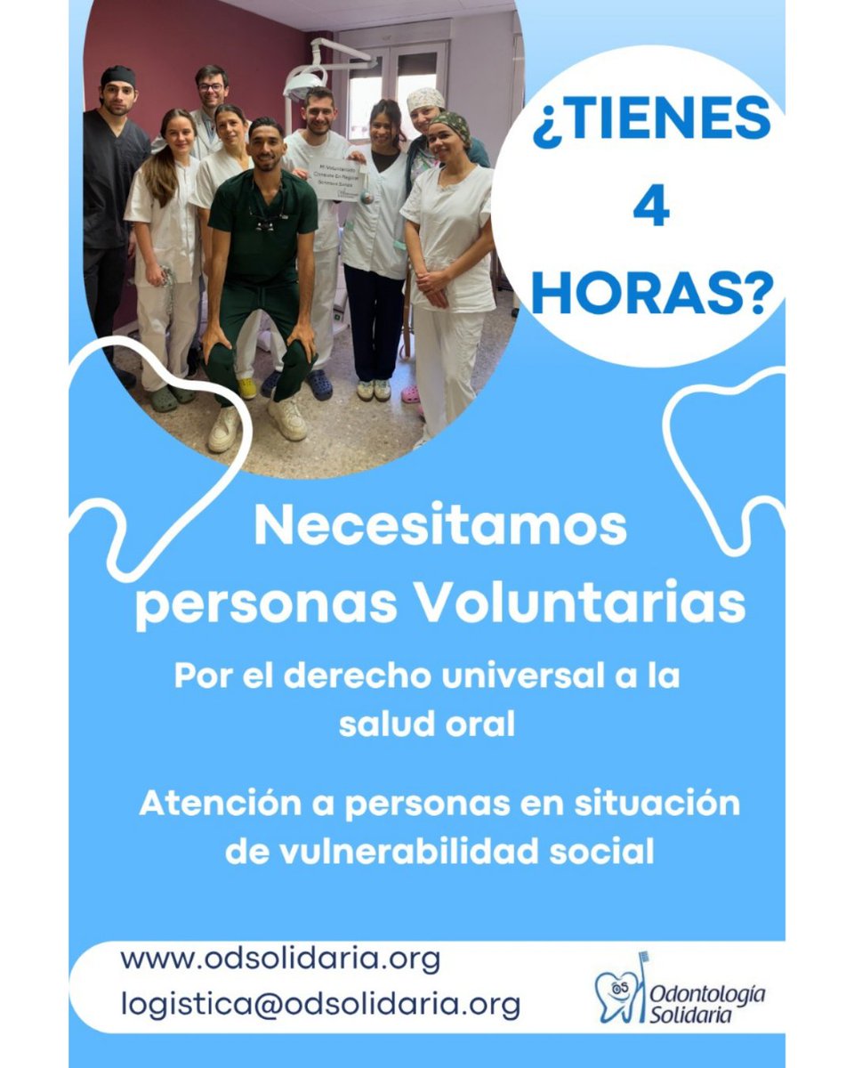 odsolidaria's tweet photo. ¿Tienes 4 horas? Puedes cambiar vidas con tu trabajo 
En la Fundación Odontología Solidaria buscamos personas voluntarias para seguir garantizando el derecho universal a la salud oral. Atendemos a personas en situación de vulnerabilidad social https://t.co/USzDD3WNc1