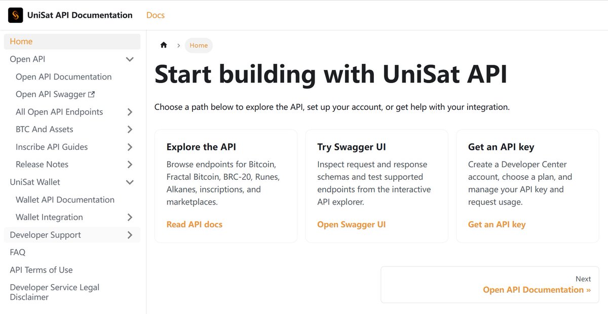 unisat_wallet's tweet photo. We've improved UniSat API documentation, bringing API references, API guides, integration resources, and other developer materials that were previously spread across different places into one home:
🔗 https://t.co/WCL1eCaXpn

Developers and builders can now find a more complete set of resources in one place, including brc-20, Runes, Alkanes, inscriptions, Marketplace, and more, covering both Bitcoin and Fractal Bitcoin where applicable. It also provides a clearer path from exploring APIs to getting an API key and starting building with UniSat API.

We're also working on a broader update to UniSat API, with further improvements aimed at making it easier and more efficient for developers to integrate with UniSat and build on Bitcoin. 

More to come. Keep building.🟧