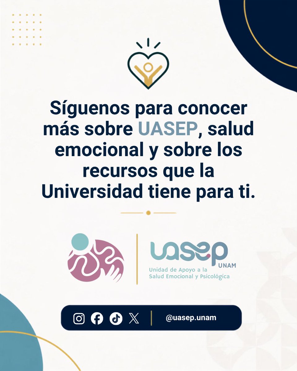 uasep_unam's tweet photo. ¿Qué es la UASEP? 🩵🩷

La Unidad de Apoyo a la Salud Emocional y Psicológica trabaja para fortalecer el bienestar psicológico y emocional de la comunidad universitaria, acercando información, recursos, orientación y estrategias de prevención. 

#UNAM #SaludMental #Psicología https://t.co/Ad52zHyJo7
