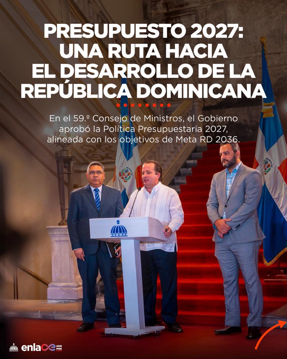 MinpreRD's tweet photo. Presupuesto 2027: una visión de futuro para la República Dominicana. 🇩🇴
Conoce las prioridades que marcarán la ruta hacia el desarrollo y las oportunidades para todos.
Más detalles 👉 https://t.co/qTdCYsrCbQ
#MinPreRD #BoletinEnlace https://t.co/5a0wjasAiH