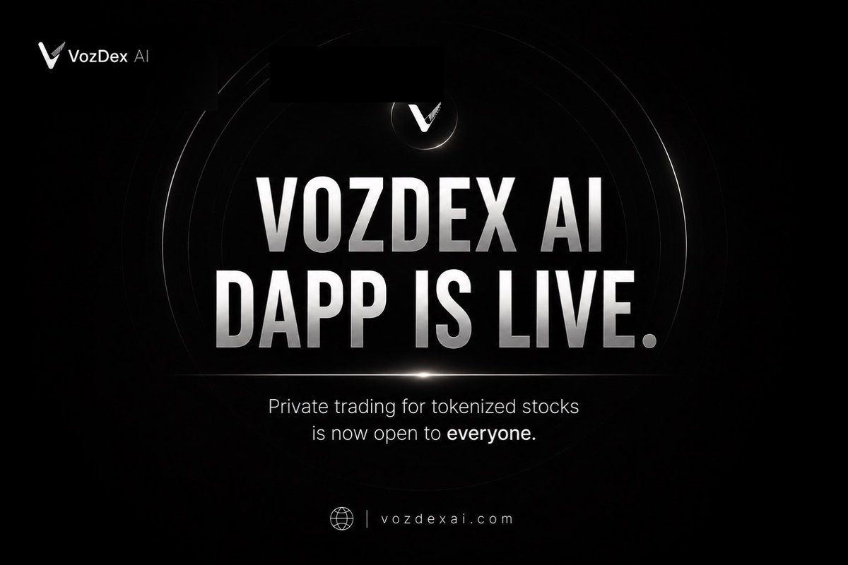 Vozdexai's tweet photo. VozDex AI  The World’s First Private Tokenized Stock Trading Is Live

A new era in on-chain equities starts today. VozDex AI has launched the world’s first private tokenized stock trading, live now at https://t.co/Kaja0Gp1Gg.

Until now, every trade on tokenized stocks has been fully exposed size, timing, and strategy visible before settlement even completes. VozDex changes that, bringing real execution privacy to tokenized equities for the first time. Trade with the discretion the world’s largest investors have always expected now accessible to everyone, on-chain.Private crypto trading is next.

VozDex charges a 0.5% fee per transaction and that revenue is allocated directly to $VAI holders, not left sitting in a treasury.

Beyond execution, we’re rethinking DeFi liquidity at the fundamental level building infrastructure that meaningfully improves how LP capital is deployed and managed. The result: stronger earnings for liquidity providers, and sustained value flowing back to $VAI holders as the ecosystem scales.

Privacy in execution. Efficiency in liquidity. One protocol, built for DeFi’s next phase.

The era of private tokenized stock trading starts now.
👉 https://t.co/Kaja0Gp1Gg