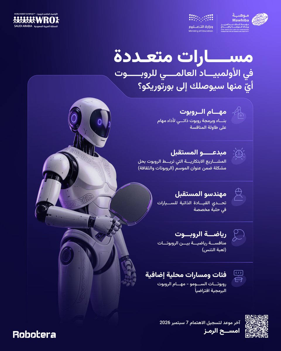 mawhiba's tweet photo. أين يتجه شغفك في عالم الذكاء الاصطناعي والابتكار؟
تتيح لك بطولة #الأولمبياد_العالمي_للروبوت التنافس في فئات متنوعة تتناسب مع مهاراتك؛ تمهد لك الطريق لتمثيل الوطن والتتويج على المنصة العالمية في بورتوريكو
 
سجل الآن:
https://t.co/f01FsrL6Yp

@wrosaudia
@moe_gov_sa

#WRO2026 #موهبة https://t.co/PdqUXJB2IA