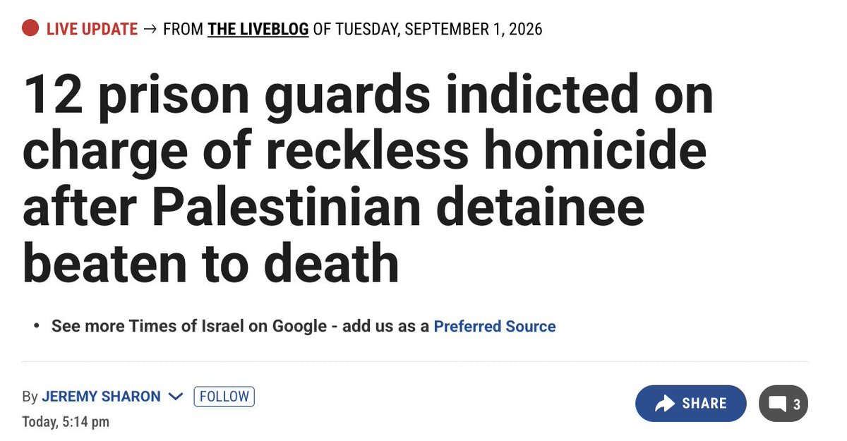 IhabHassane's tweet photo. Twelve Israeli prison guards have been charged with reckless homicide after beating a Palestinian prisoner to death in 2023.

When Palestinians shared their accounts of abuse in Israel’s notorious prisons, many people tried to downplay or dismiss their testimonies.

This is only the tip of the iceberg of what Palestinian hostages and prisoners face in Israeli prisons.