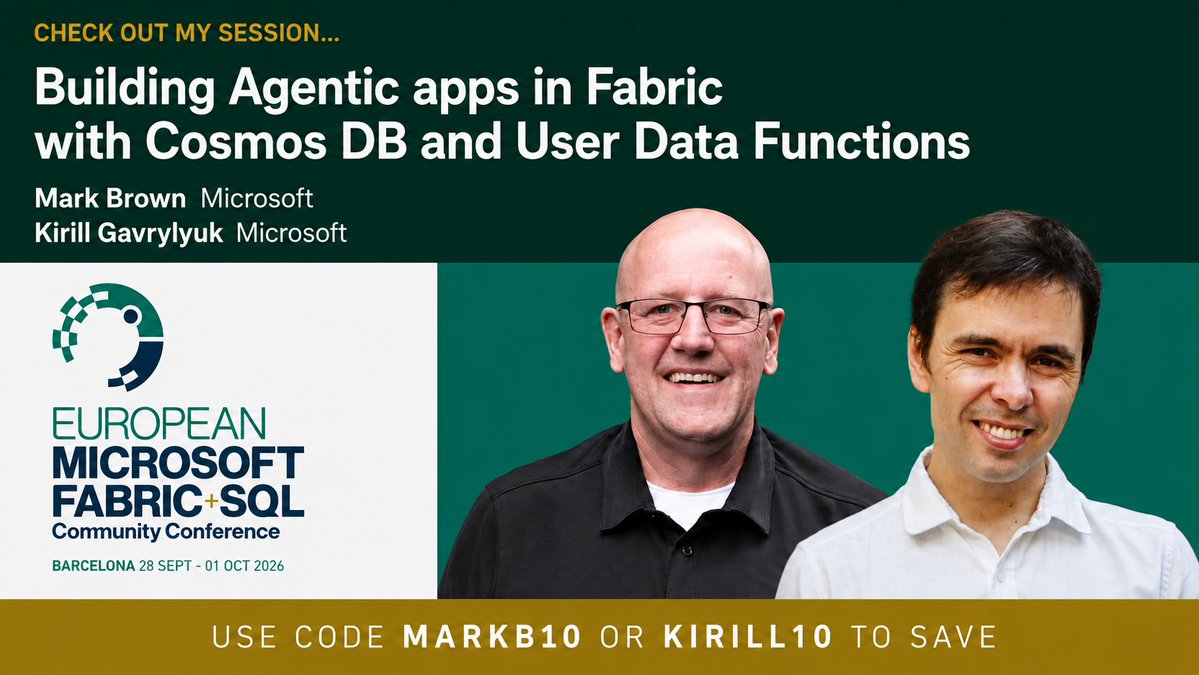 AzureCosmosDB's tweet photo. Going to FabCon Europe 2026?

Join Mark Brown and Kirill Gavrylyuk for Building Agentic apps in Fabric with Cosmos DB and User Data Functions and see how Cosmos DB, OneLake, and Fabric can power context-aware agentic apps.

https://t.co/JGPU3F6f13

#AzureCosmosDB #MicrosoftFabric https://t.co/SfBW3uI3xr
