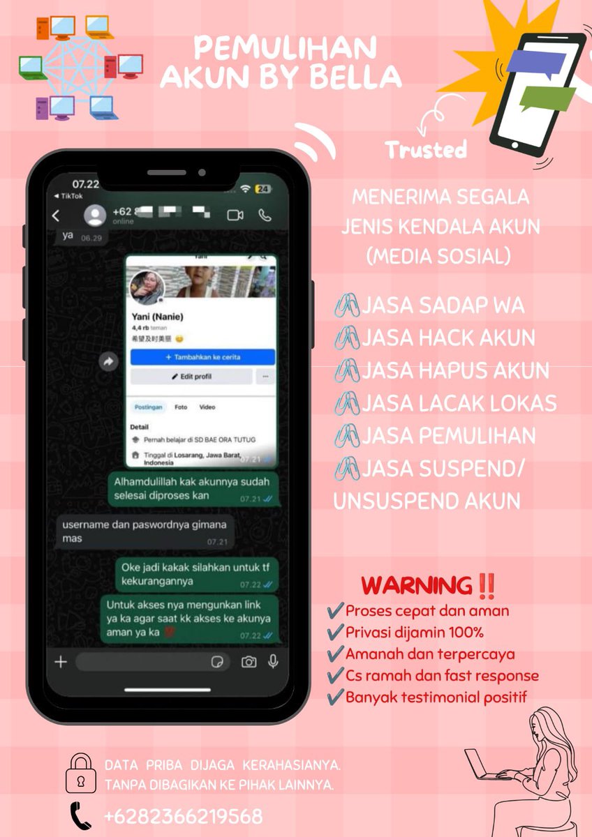 geraibella's tweet photo. ALL JASA MELAYANI:

🎾 JASA HAPUS AKUN 
🎾 JASA PULIHKAN &amp; BALIKIN AKUN LUPA PASWORD/KE HACK
🎾 JASA LACAK LOKASI
🎾 JASA SADAP WA
🎾 JASA LACAK 
🎾 JASA HACK/PEMULIHAN AKUN (EMAIL,IG,WA,TWITER/X, FB,TIKTOK)

KONSULTASI BISA HUBUNGI DI BIO ❗ #zonauangㅤ https://t.co/Cj19mjBvhk