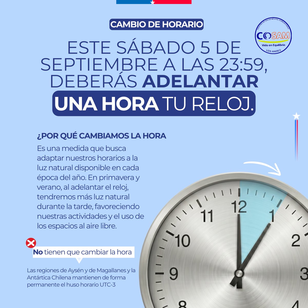 COSAM_LosAndes's tweet photo. Este sábado 5 de septiembre, al llegar la medianoche, deberemos adelantar nuestros relojes una hora. Un cambio que marca el inicio de días con mayor luminosidad durante las tardes. 🌞

📍Recuerda ajustar manualmente los relojes que no realicen el cambio automáticamente. https://t.co/qbQLqcyg2p