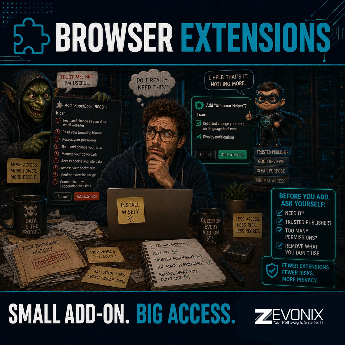 Zevonix_IT's tweet photo. A small browser extension can get big access. Install only trusted add-ons. https://t.co/ra4XRyIO6Q https://t.co/8SzXjI6unk