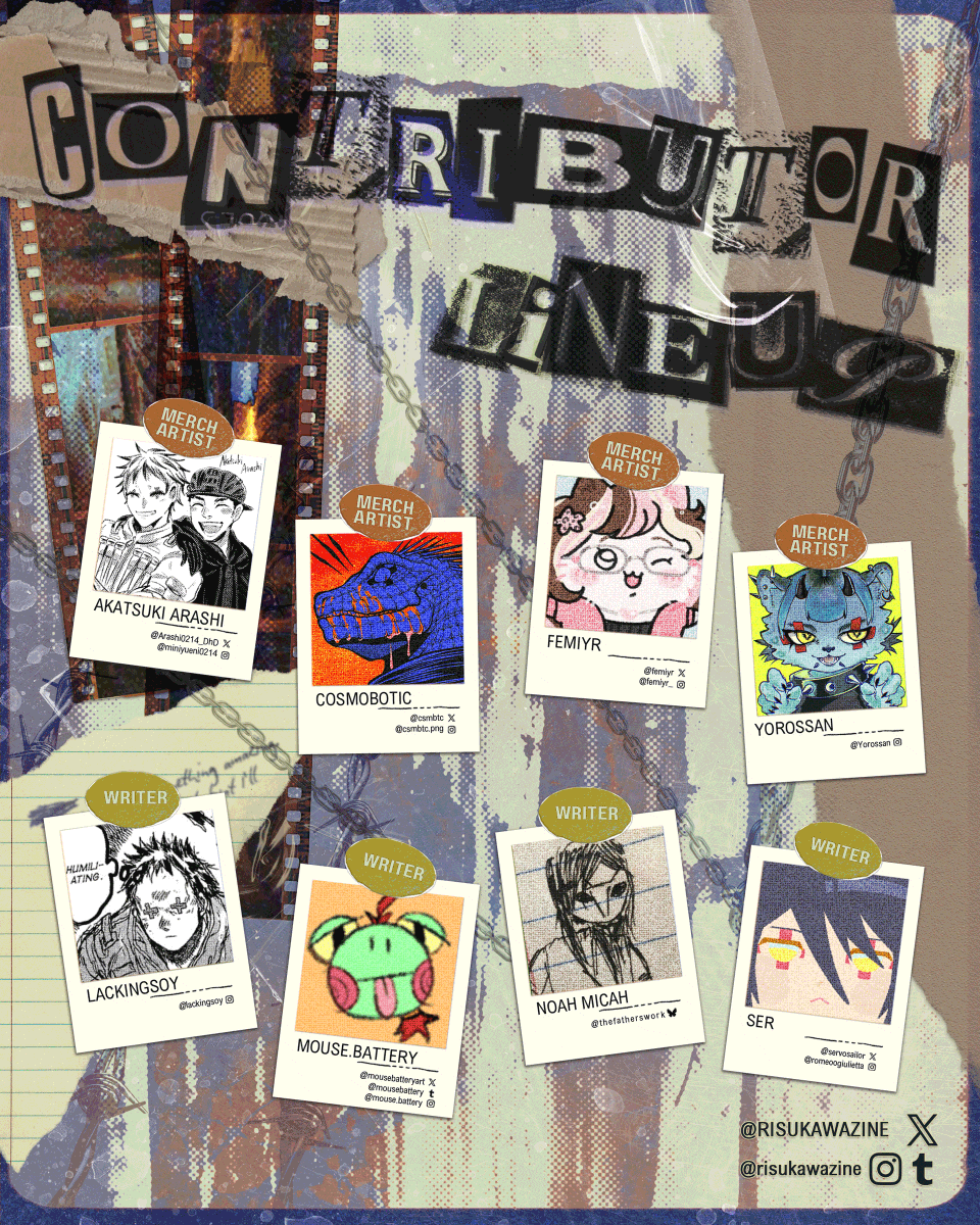 RISUKAWAZINE's tweet photo. 🌵 CONTRIBUTOR LINE-UP 🌵

Meet our incredible artists and writers for the Risukawa zine!! They have already been hard at work creating hauntingly beautiful pieces to share🩸⛓️

Be sure to keep an eye out for their individual Contributor Spotlights! ✨ https://t.co/wacUO8VW5h