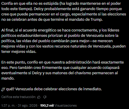 Norbey_Marin_'s tweet photo. Mike Flynn a propósito del acuerdo petrolero | #1S 

El general Mike Flynn sostiene que el pueblo venezolano anhela elecciones inmediatas para liberarse del régimen autoritario encabezado por Delcy Rodríguez. Según su análisis, el reciente acuerdo energético acordado bajo la administración de Trump constituye únicamente una estrategia de Rodríguez para ganar tiempo y aplacar las críticas de su base chavista. Flynn advierte que cualquier negociación o pacto económico fracasará a largo plazo si el chavismo permanece en el poder, por lo que insta a la dirigencia de Estados Unidos a respaldar la exigencia de una transición democrática y priorizar el futuro de la población sobre la coyuntura política.