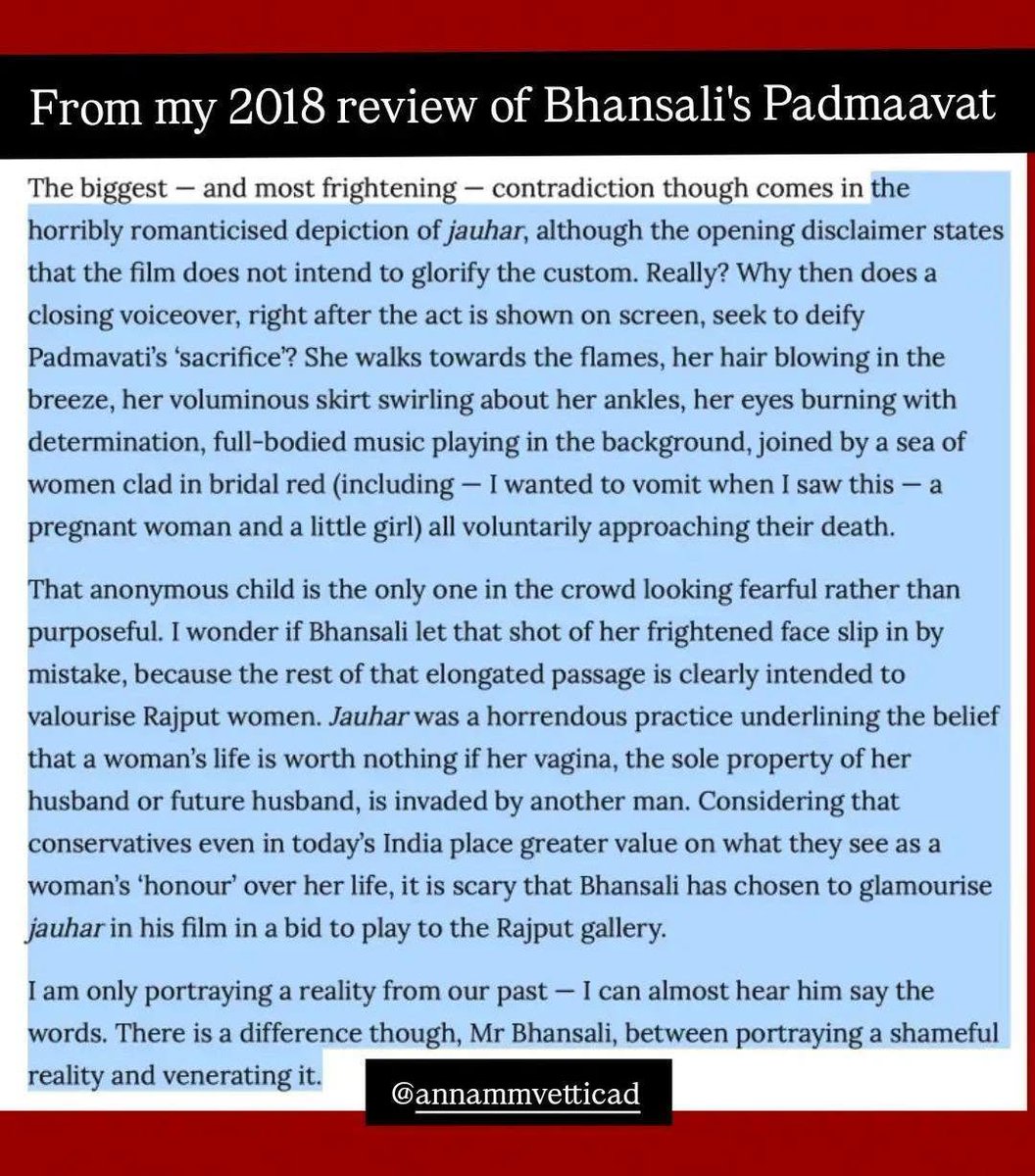 annavetticad's tweet photo. I'm not surprised that Swara Bhaskar @ReallySwara is being trolled for her views on the #jauhar scene in Sanjay Leela Bhansali's Padmaavat. I remember receiving vile abuse for my review in 2018 when the film was released. (Contd) https://t.co/EDxaTvb83g