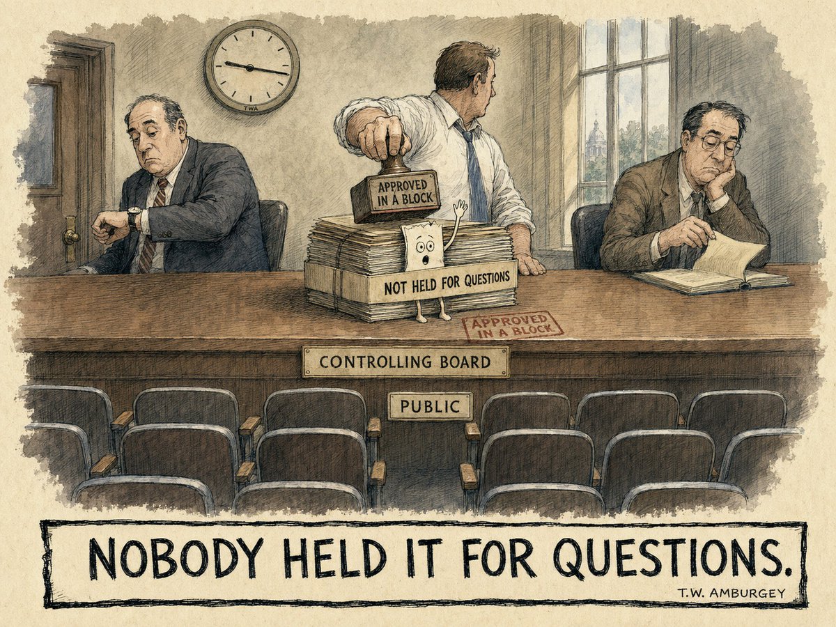twamburgey's tweet photo. OBM's own manual: requests nobody holds for questions get approved "in a block."

The minority is guaranteed two of the seven seats. Four votes carry any action.

So two can never stop anything, and the stack goes through unopened.

None of this is illegal. That's the point. https://t.co/1yUcwMuVSQ