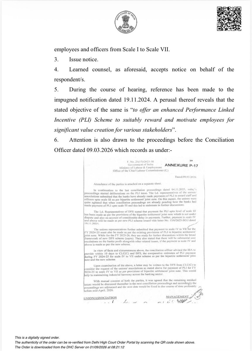 TheBankersVoice's tweet photo. PLI paid to bank executives despite Delhi High Court proceedings ?

The Delhi High Court, in W.P.(C) 4107/2026, did NOT grant an interim stay on 01.04.2026.

But the Court expressly recorded:

“The implementation of the PLI Scheme will be subject to further orders in the present proceedings.”

Now, if banks have already credited PLI under the disputed scheme to Scale IV–VII executives, a very simple question arises:

Were the payments made after obtaining the subsequent orders of the Hon’ble Court ?

If no then who authorised implementation while the matter was sub judice and expressly made subject to further orders ?
 
Whether accountability will be fixed for contempt ? 

@aiboc_in @AIBEAofficial @AIBOAOFFICIAL @BMSkendra

@TheOfficialSBI @pnbindia @bankofbaroda @canarabank @UnionBankTweets @UCOBankOfficial @IOBIndia 
@BankofIndia_IN @centralbank_in @MyIndianBank @mahabank @psbindia 

#PLI #Bankers #Banking #PublicSectorBanks #DelhiHighCourt #IBA #UFBU #Accountability #5DaysBanking